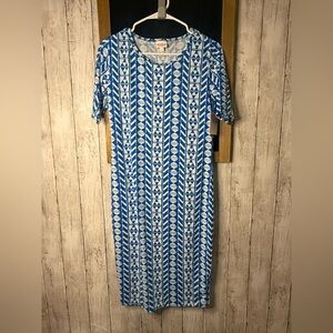 LuLaRoe JULIA Size S Blue and White geometric Pullover Raglan Sleeve Tee Dress